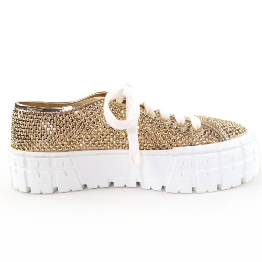 Prada Double Wheel Triangle Logo with Rhinestone Leather Low Cut Sneakers Gold - Picture 6 of 11